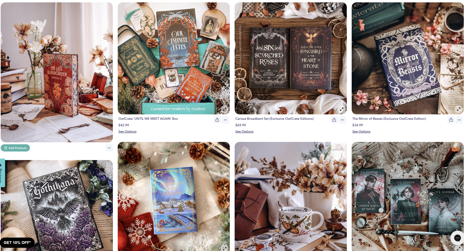 Merch available to buy from Owlcrate through my storefront